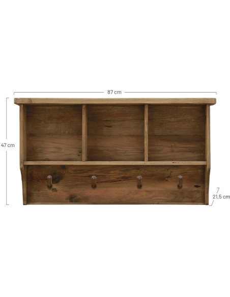 Étagère murale bois de pin ancien brun 4 patères 87x21,5x47 cm Gerace  - 5