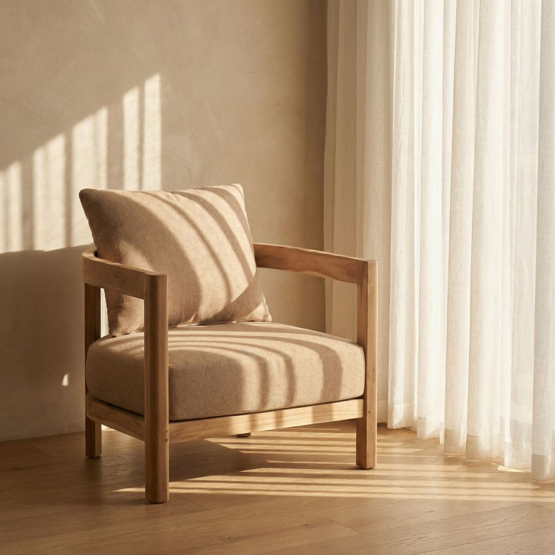 Fauteuil lounge teck massif coussins taupe 79x78x67 cm Valmoria  - 2