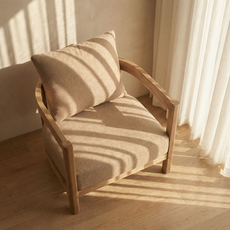 Fauteuil lounge teck massif coussins taupe 79x78x67 cm Valmoria  - 7