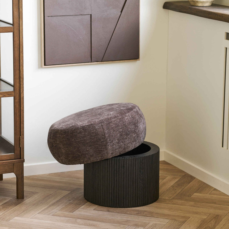 Pouf coffre rond en tissu chenille marron Ø52x42 cm Christchurch House Nordic - 2