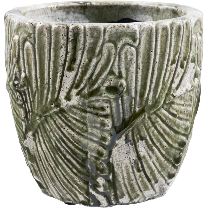 Cache-pot vert en terre cuite relief feuilles 20 cm Halmryka House Nordic - 2