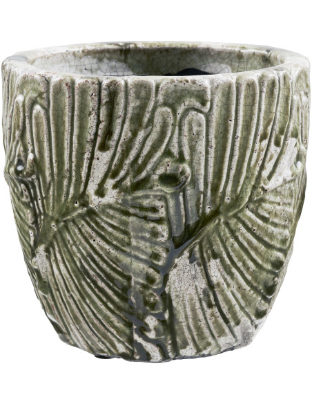 Cache-pot vert en terre cuite relief feuilles 20 cm Halmryka House Nordic - 2