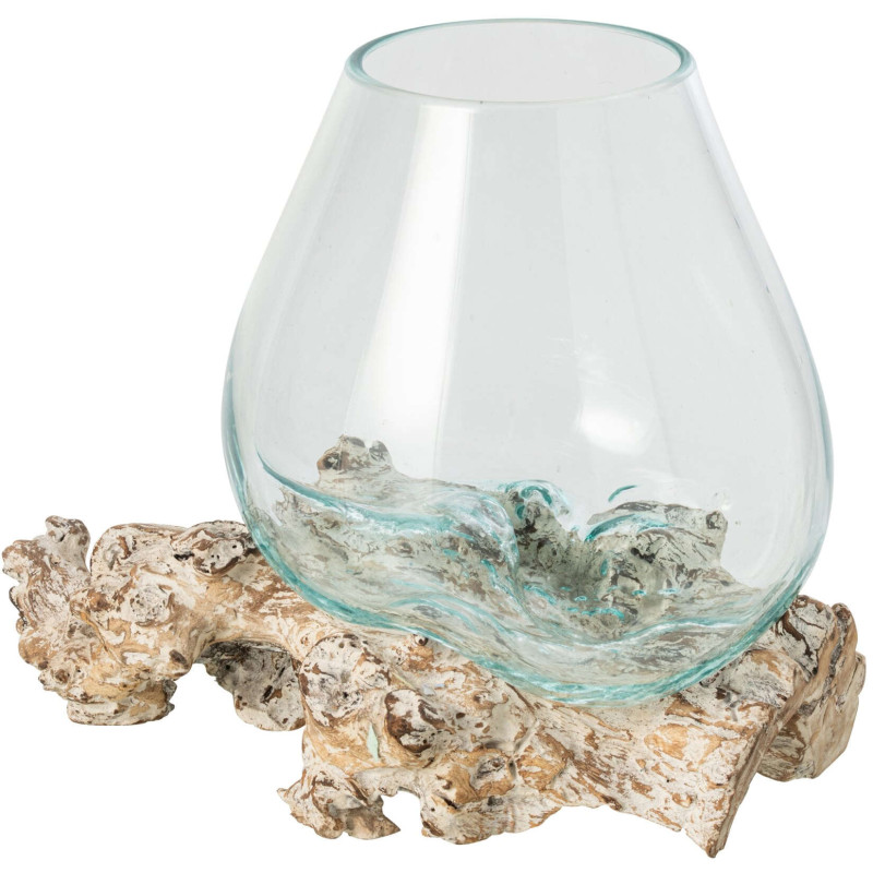 Grand vase en verre transparent sur pied en bois blanc 30x30x30 cm Domburg J-Line - 1