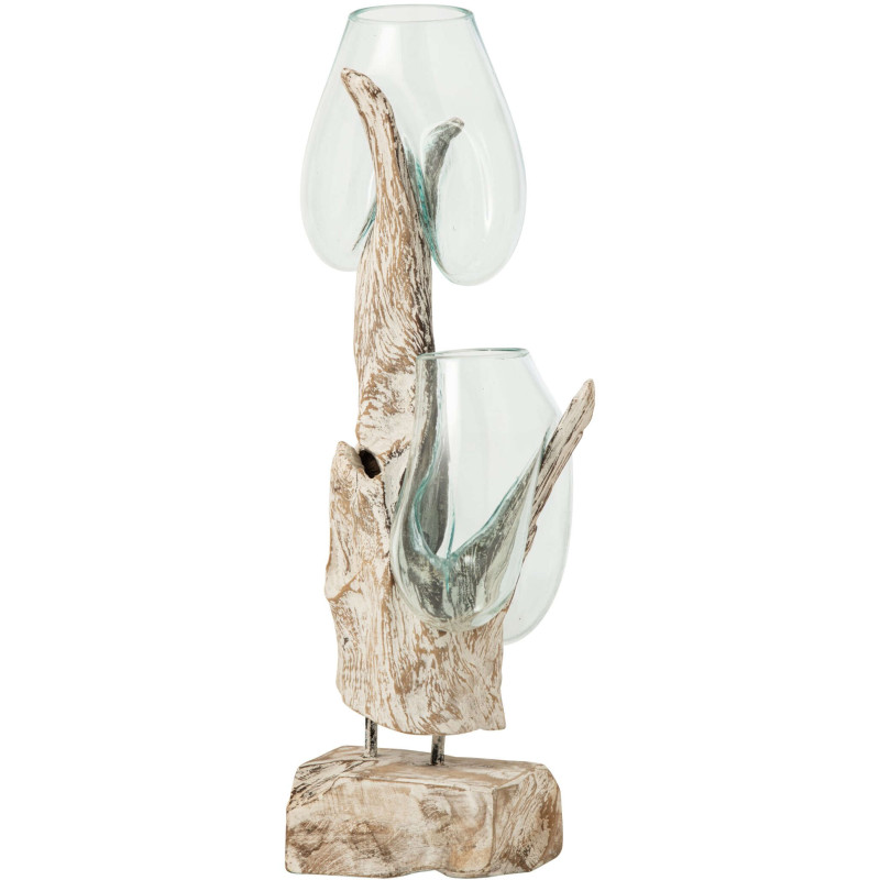 Double vase en verre transparent sur pied bois blanc 30x30x69 cm Domburg J-Line - 1