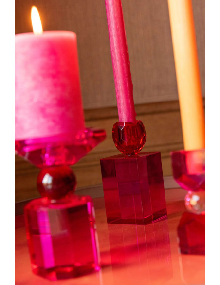 Bougeoir chandelle verre fuchsia rouge 6x6x13 cm Virello J-Line - 2