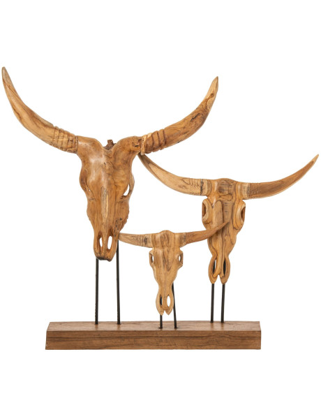 Sculpture crânes de taureau en teck naturel 95 cm Marvejols J-Line - 1