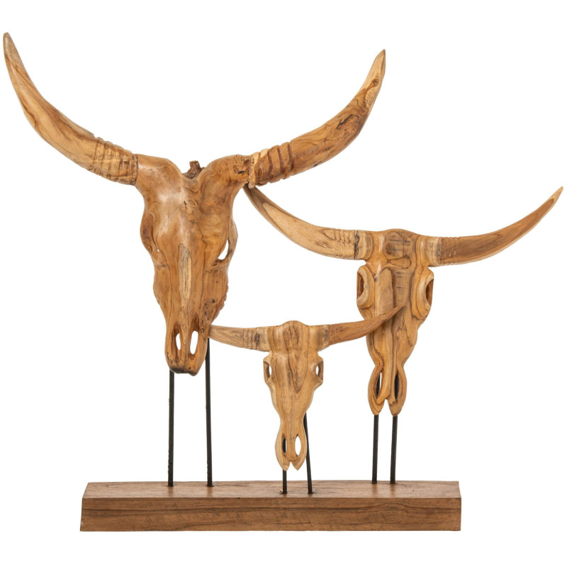 Sculpture crânes de taureau en teck naturel 95 cm Marvejols J-Line - 1
