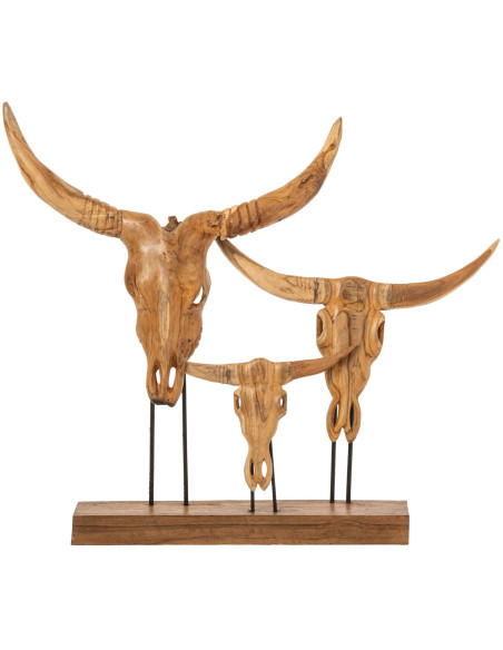 Sculpture crânes de taureau en teck naturel 95 cm Marvejols J-Line - 1