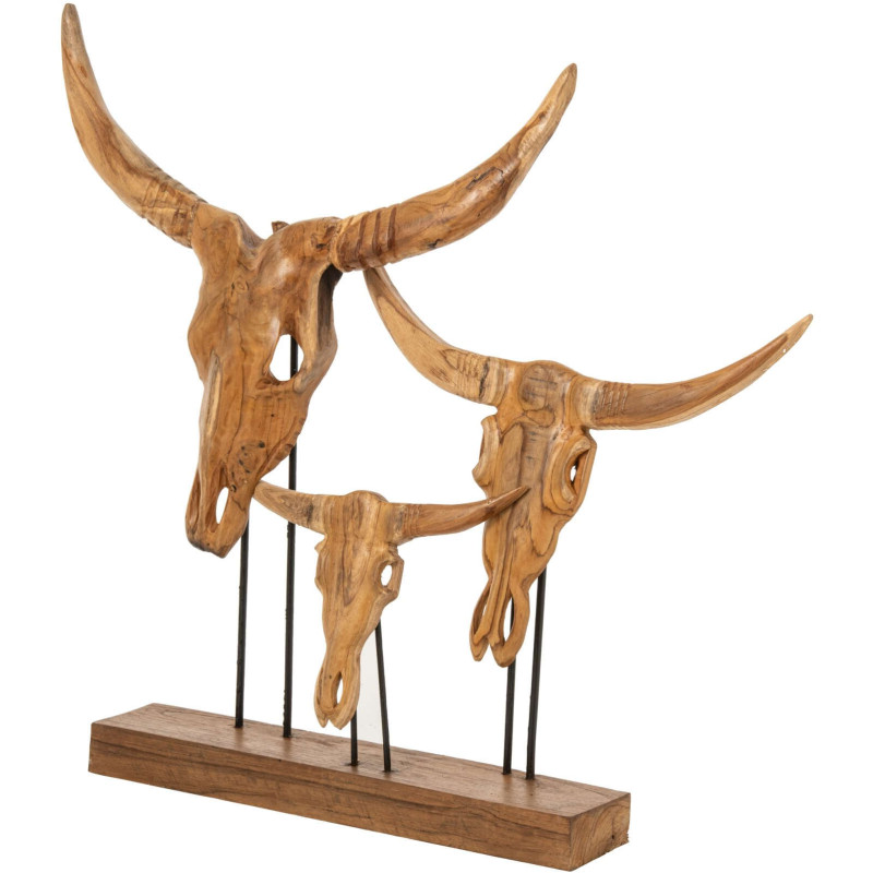 Sculpture crânes de taureau en teck naturel 95 cm Marvejols J-Line - 2