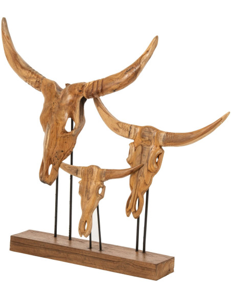 Sculpture crânes de taureau en teck naturel 95 cm Marvejols J-Line - 2