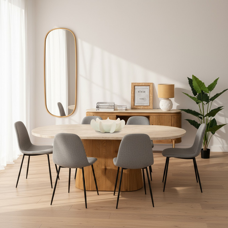 Buffet enfilade bois chêne plateau effet marbre 180 cm Oryndel  - 2