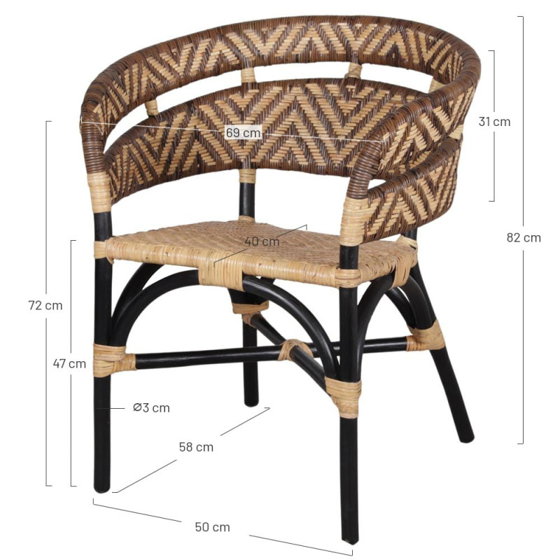 Chaise en rotin avec accoudoirs noir et naturel 70x58x82 cm Tanabe  - 8