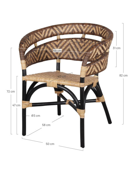 Chaise en rotin avec accoudoirs noir et naturel 70x58x82 cm Tanabe  - 8