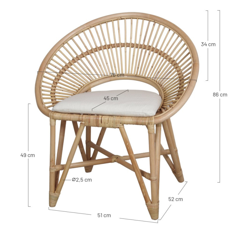 Chaise en rotin naturel avec coussin 76x51x86 cm Kavirel  - 6
