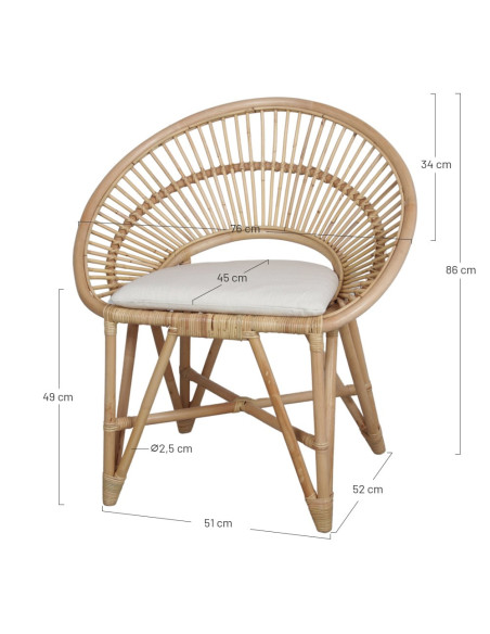 Chaise en rotin naturel avec coussin 76x51x86 cm Kavirel  - 6