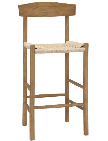 Tabouret de bar naturel avec dossier bois d’orme et corde 50x51x107 cm Nolqara  - 1
