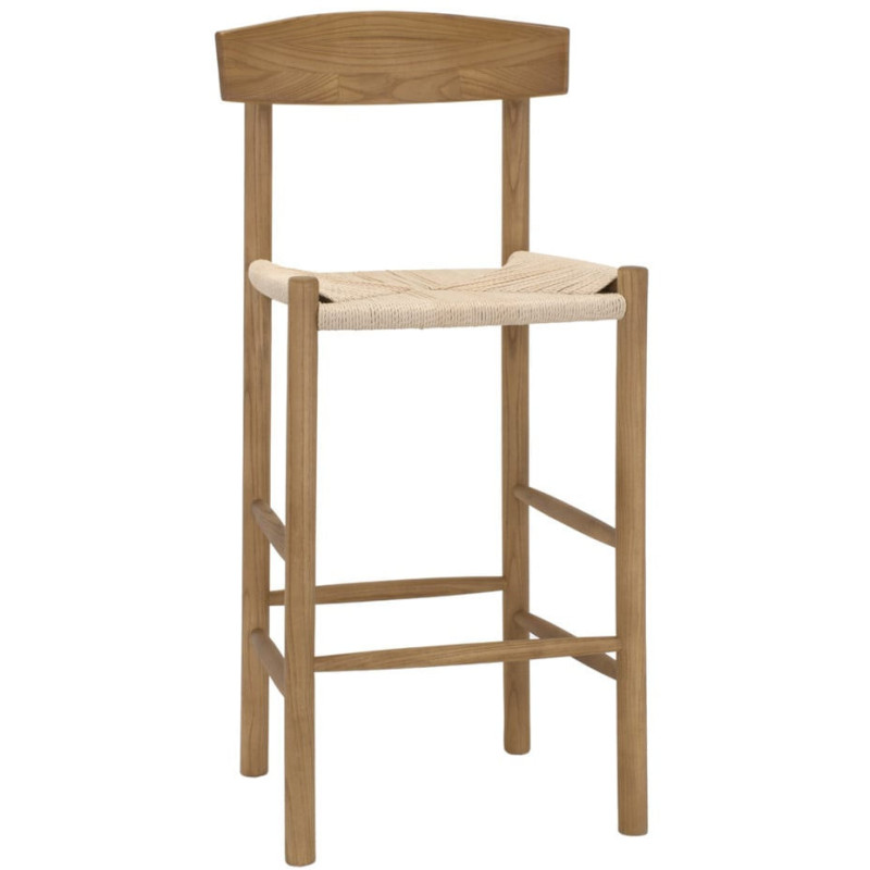 Tabouret de bar naturel avec dossier bois d’orme et corde 50x51x107 cm Nolqara  - 1