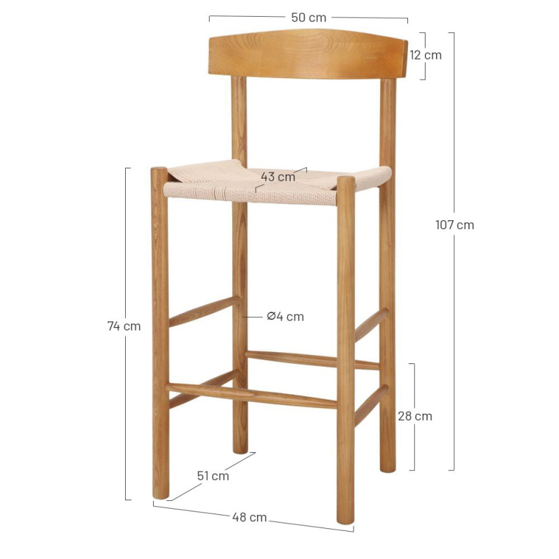 Tabouret de bar naturel avec dossier bois d’orme et corde 50x51x107 cm Nolqara  - 5