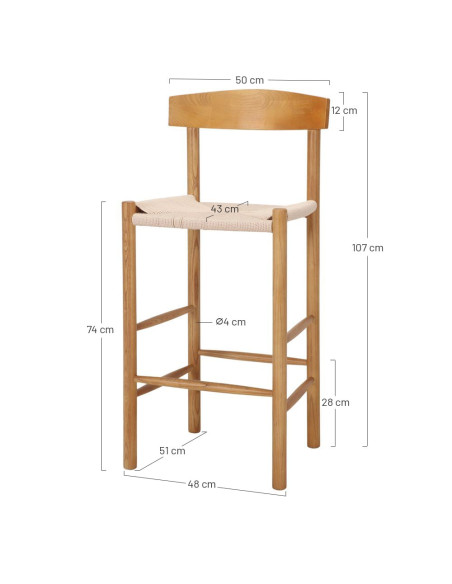 Tabouret de bar naturel avec dossier bois d’orme et corde 50x51x107 cm Nolqara  - 5