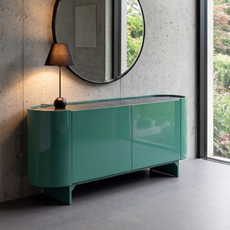 Buffet bas vert laqué marbre noir 160 cm Virelva Ixia - 2