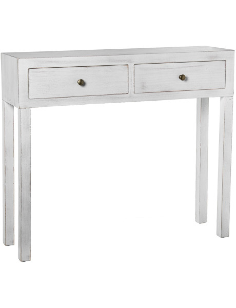 Console d’entrée bois blanc patiné 2 tiroirs 92x26x80 cm Baiona  - 1