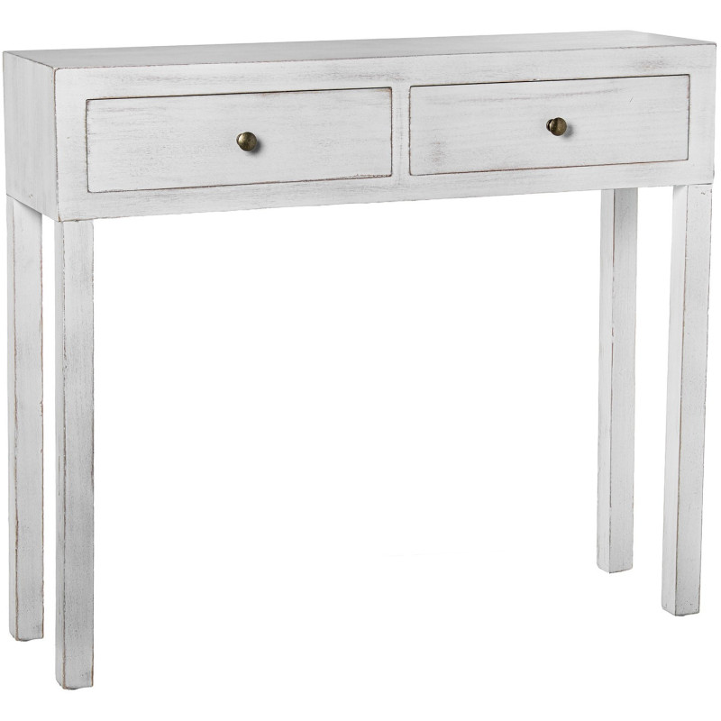 Console d’entrée bois blanc patiné 2 tiroirs 92x26x80 cm Baiona  - 1