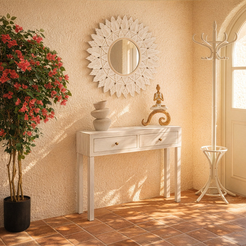 Console d’entrée bois blanc patiné 2 tiroirs 92x26x80 cm Baiona  - 2