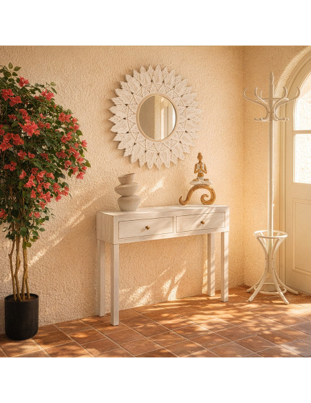 Console d’entrée bois blanc patiné 2 tiroirs 92x26x80 cm Baiona  - 2