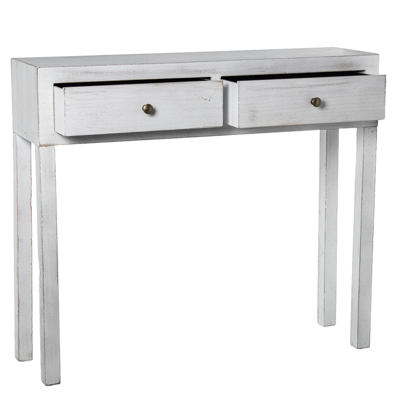 Console d’entrée bois blanc patiné 2 tiroirs 92x26x80 cm Baiona  - 4