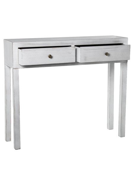 Console d’entrée bois blanc patiné 2 tiroirs 92x26x80 cm Baiona  - 4