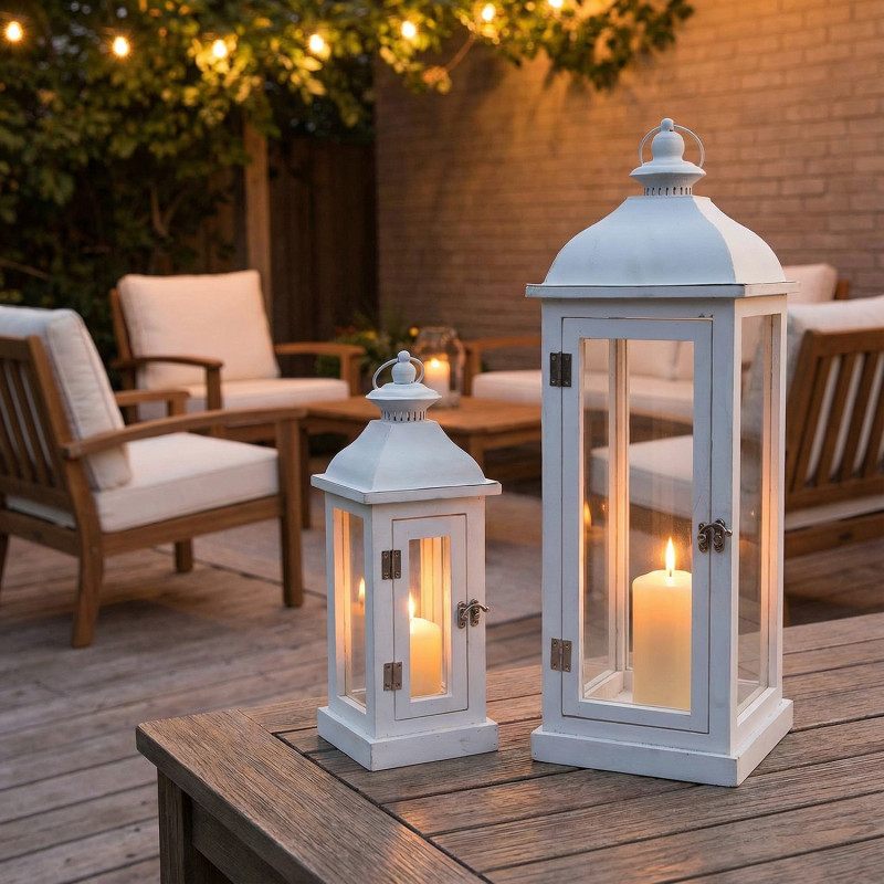 Lot de 2 lanternes décoratives bois blanc et métal 66/43 cm Brumelune  - 2