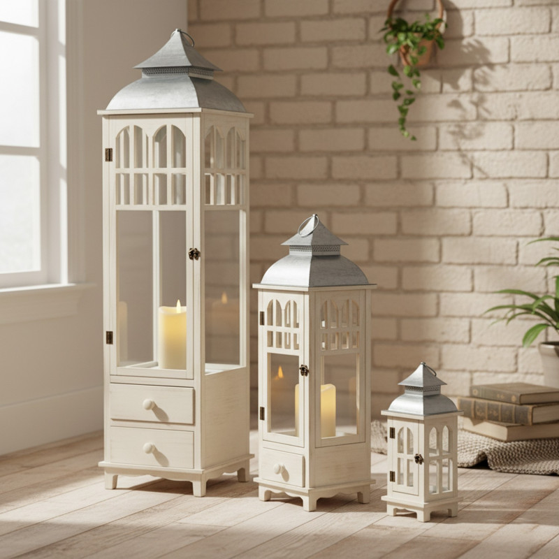 Lot de 3 lanternes décoratives bois blanc 129 cm Brouage  - 2