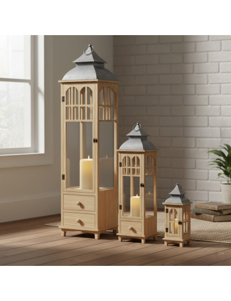 Lot de 3 lanternes décoratives bois naturel 129 cm Brouage  - 2