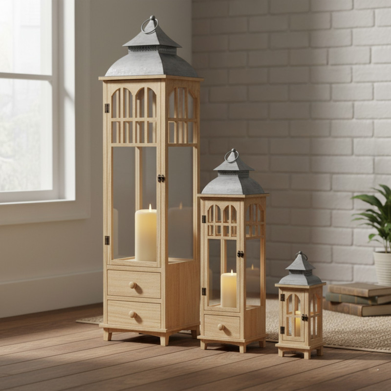 Lot de 3 lanternes décoratives bois naturel 129 cm Brouage  - 2