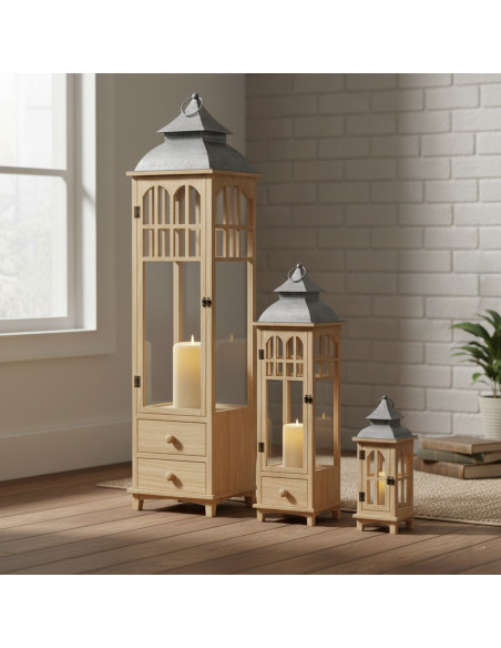 Lot de 3 lanternes décoratives bois naturel 129 cm Brouage  - 2