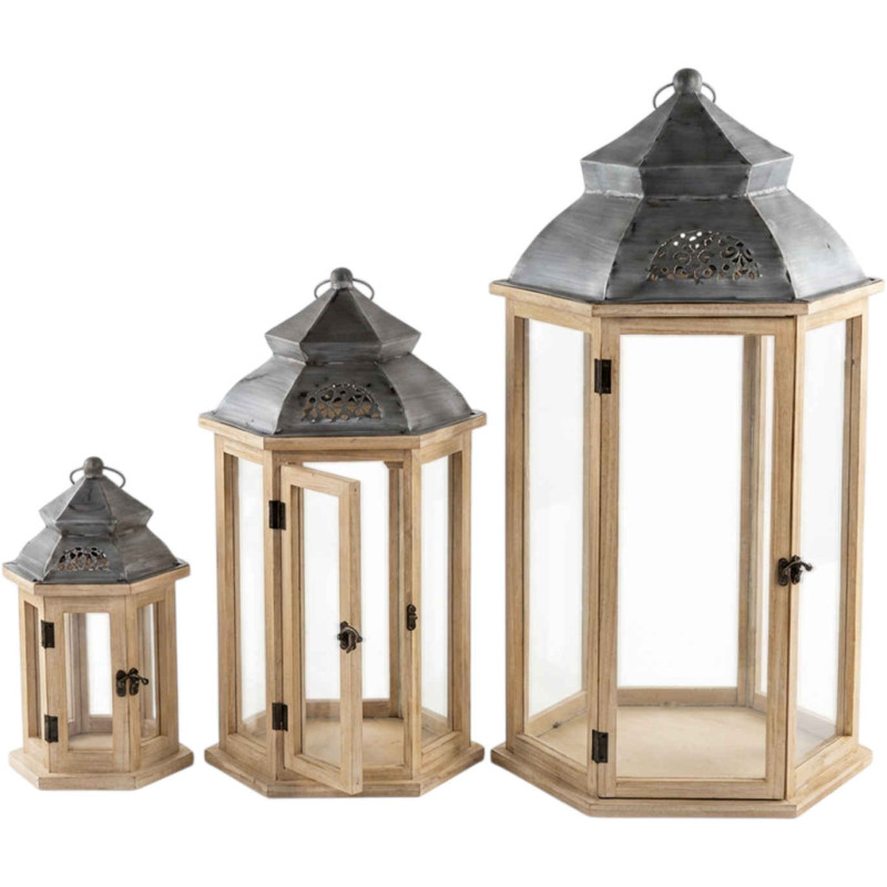 Lot de 3 lanternes décoratives bois naturel 72 cm Piriac  - 1
