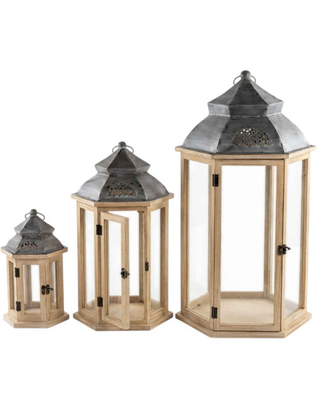 Lot de 3 lanternes décoratives bois naturel 72 cm Piriac  - 1