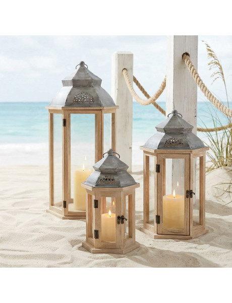 Lot de 3 lanternes décoratives bois naturel 72 cm Piriac  - 2