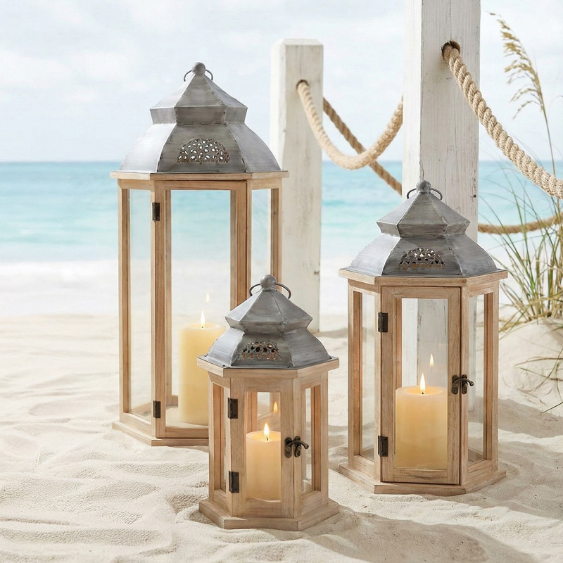 Lot de 3 lanternes décoratives bois naturel 72 cm Piriac  - 2