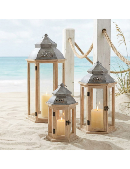 Lot de 3 lanternes décoratives bois naturel 72 cm Piriac  - 2