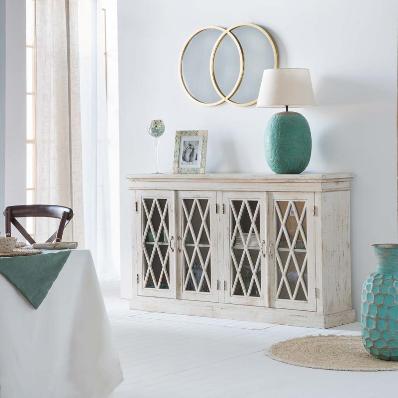 Buffet vaisselier blanc manguier verre 170x40x100 cm Zambrisa  - 2