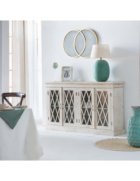 Buffet vaisselier blanc manguier verre 170x40x100 cm Zambrisa  - 2