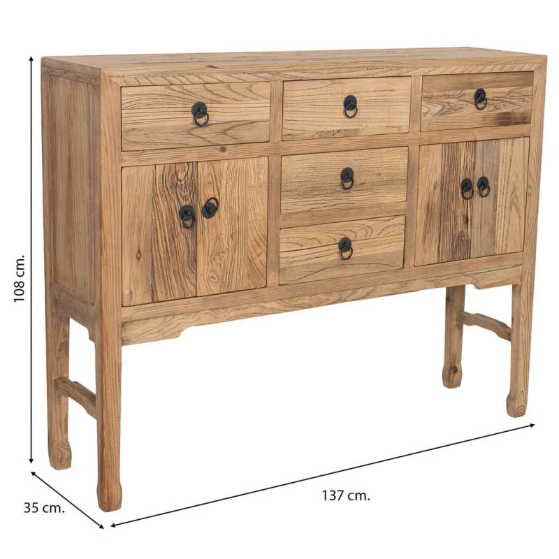 Buffet haut bois d’orme beige 4 portes 5 tiroirs 137 cm Ormavelle  - 9
