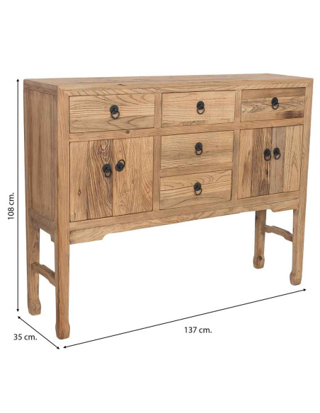 Buffet haut bois d’orme beige 4 portes 5 tiroirs 137 cm Ormavelle  - 9
