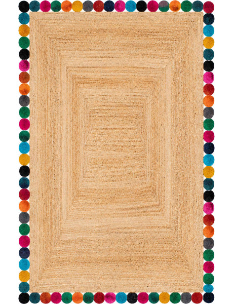 Grand tapis jute naturel bordure à rondelles multicolores 200x300 cm Kermavelle  - 1