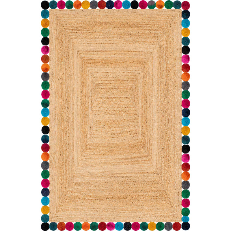 Grand tapis jute naturel bordure à rondelles multicolores 200x300 cm Kermavelle  - 1