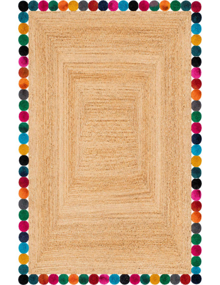 Grand tapis jute naturel bordure à rondelles multicolores 200x300 cm Kermavelle  - 1