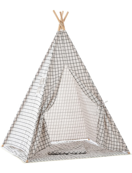 Tipi enfant intérieur écru carreaux gris 120x120x155 cm Brindora  - 1