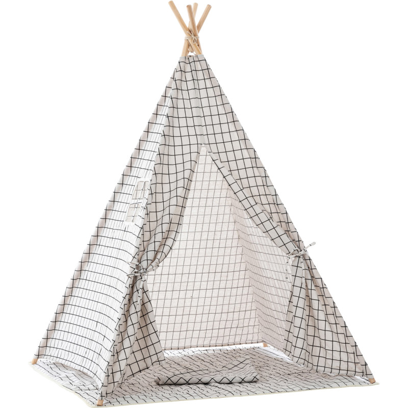 Tipi enfant intérieur écru carreaux gris 120x120x155 cm Brindora  - 1
