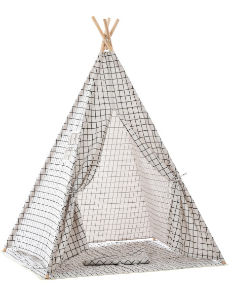 Tipi enfant intérieur écru carreaux gris 120x120x155 cm Brindora  - 1